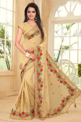 Picture of handmade indian pure silk saree yellow abstract printed