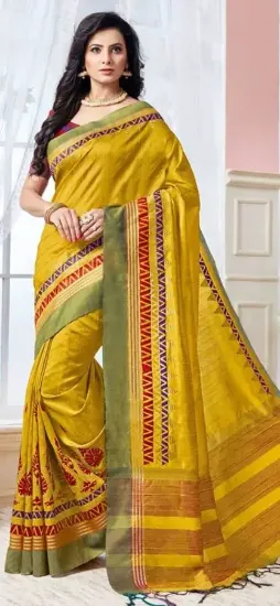 Picture of handmade indian pure silk saree yellow dress making fab