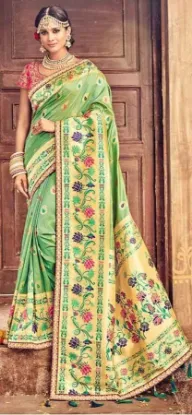 Picture of handmade indian pure silk saree yellow leaf printed use