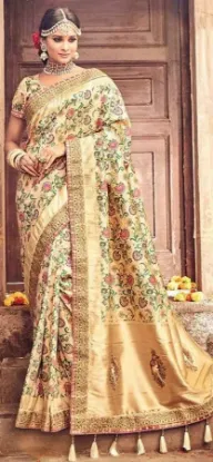 Picture of handmade indian pure silk yellow sari floral printed et