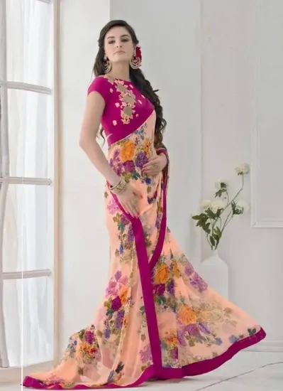 Picture of handmade indian saree floral printed pure silk mouve sa