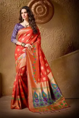 Picture of handmade indian saree floral printed pure silk orange s