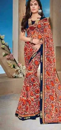 Picture of handmade indian saree floral printed pure silk orange s