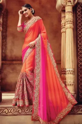 Picture of handmade indian saree georgette woven fabric orange cra