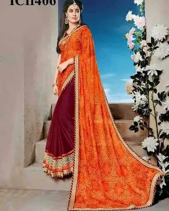 Picture of handmade indian saree georgette woven fabric orange cra