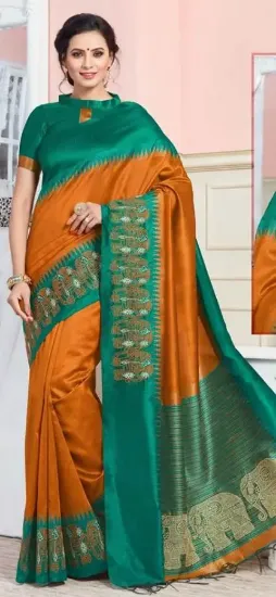 Picture of handmade indian saree leafs printed pure silk sari yell