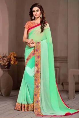 Picture of handmade indian saree polyester woven green craft saron