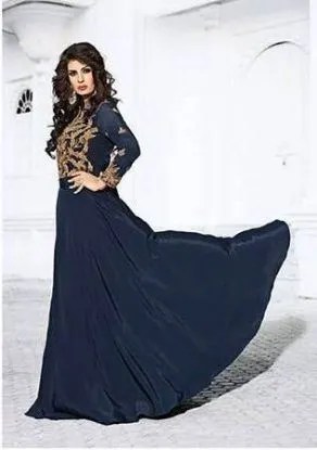 Picture of chic women maxi gowny embroidered blue pleated split hi