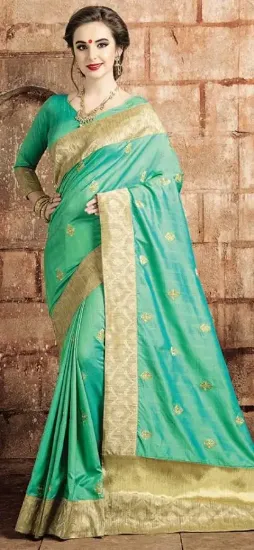 Picture of handmade indian saree pure silk floral printed green cr