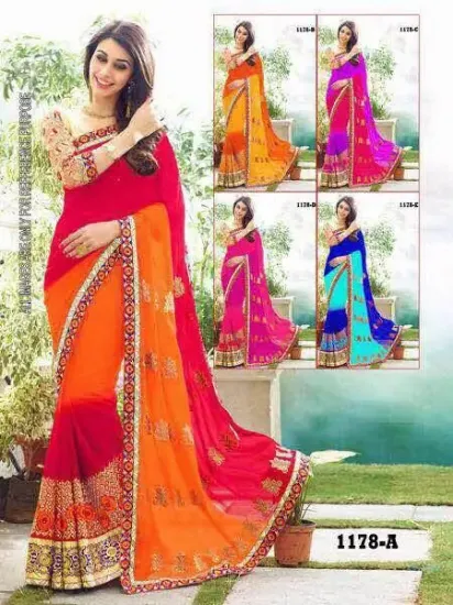 Picture of handmade indian sari pure silk red nice printed craft e