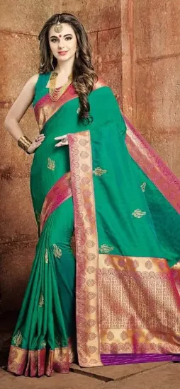 Picture of handmade indian silk blend saree green floral printed c