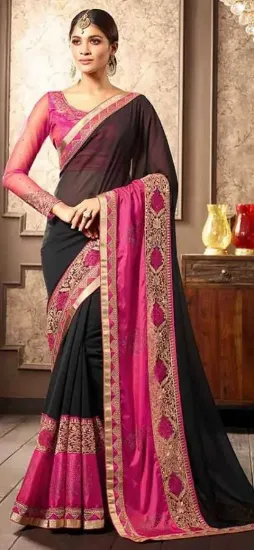 Picture of handmade indian silk magenta saree paisley printed fabr