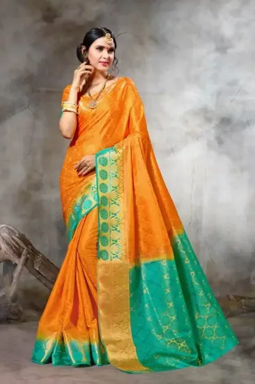 Picture of handmade indian yellow floral printed puresilk saree et