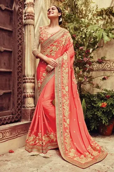 Picture of handmade orange saree embroidered georgette blend fabri