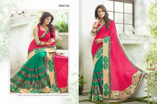 Picture of handmade printed chiffon fabric pink base saree #ps ,e5