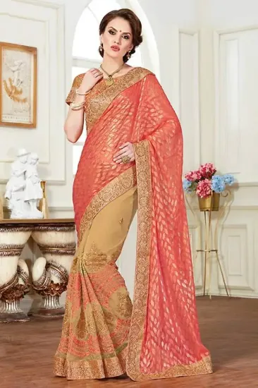 Picture of handmade printed chiffon fabric pink base saree #ps,e79