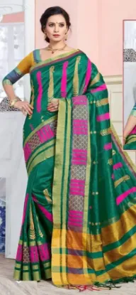 Picture of handmade saree 100% pure cotton fabric green printed 5y