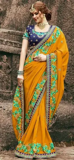 Picture of handmade saree crepe silk embroidered green craft fabri