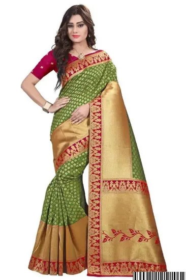 Picture of handmade saree green floral woven art silk fabric batik