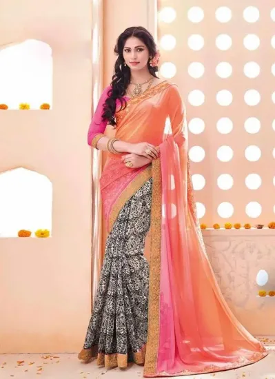 Picture of handmade saree polyester woven orange craft fabric ethn