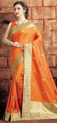 Picture of handmade saree pure silk fabric peach & purple embroide