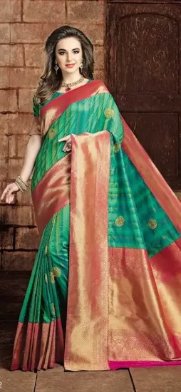 Picture of handmade saree pure silk fabric peach woven embroidered