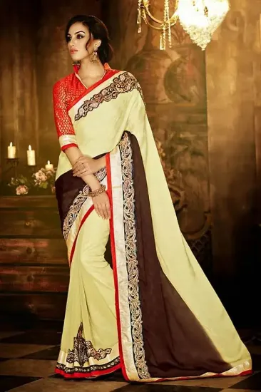 Picture of handmade saree pure silk leafs printed indian beige dec