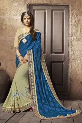 Picture of handmade saree woven embroidered pure silk sari beige s