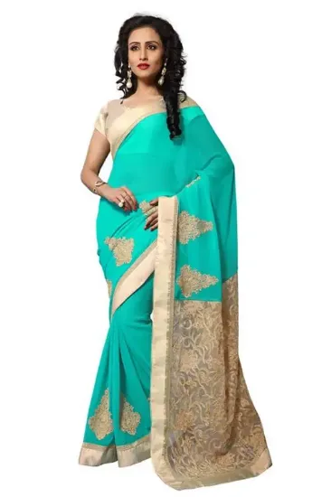 Picture of handmade style indian saree green georgette blend women