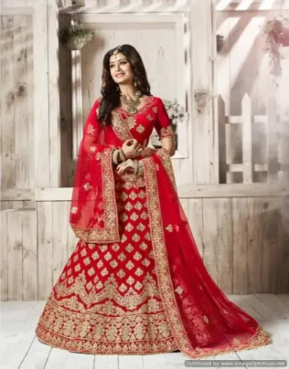 Picture of handmade style red sari georgette blend women dress emb