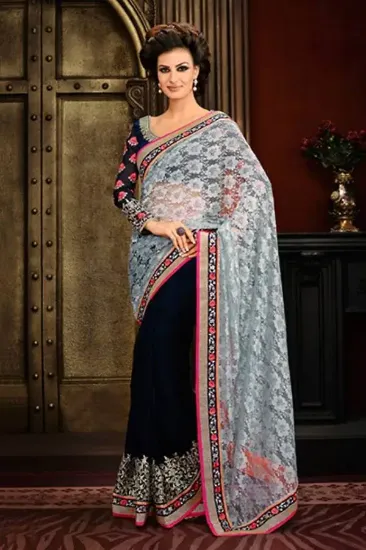 Picture of handmade wedding saree blue georgette blend ethnic wove