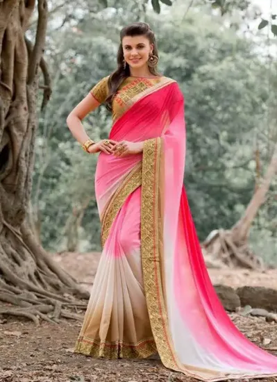 Picture of handmade woven sari georgette blend pink indian dress w