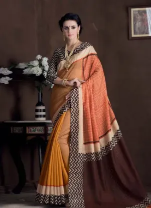 Picture of india handmade pure silk saree brown floral printed sar