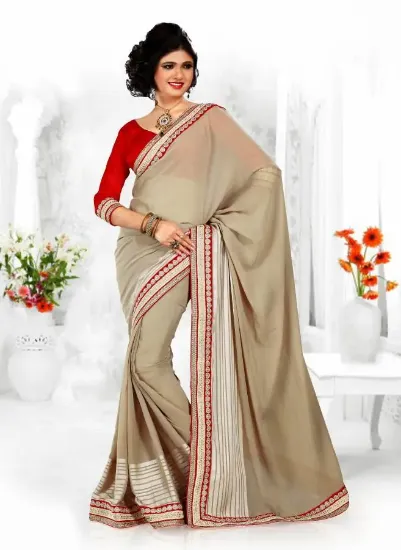 Picture of indian beige designer bollywood style embroidered sari,