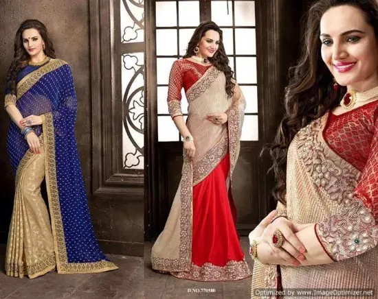 Picture of indian beige designer embroidered bollywood style sari,