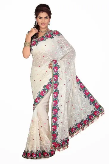 Picture of indian beige poly cotton saree indian women party wear 