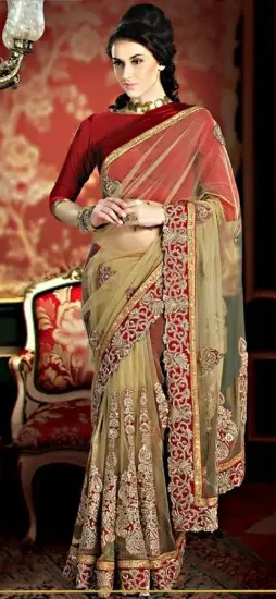 Picture of indian beige saree handmade style silk blend fabric cra