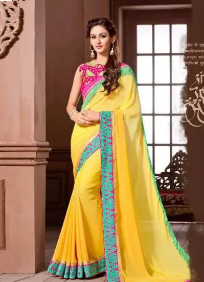 Picture of indian bollywood fashion saree with cotton khadi pompo,