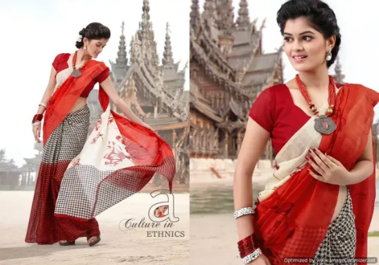 Picture of indian bollywood green red jacquard border work sari co