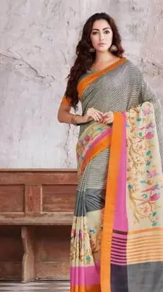 Picture of indian bollywood jacquard zari border beige grey kanji,