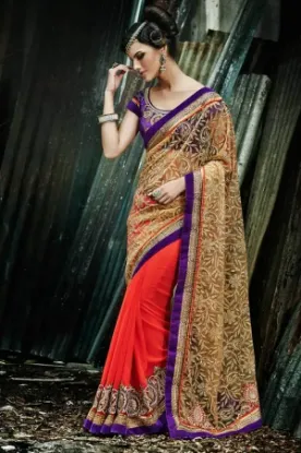 Picture of indian bollywood pink orange jacquard border work cott,