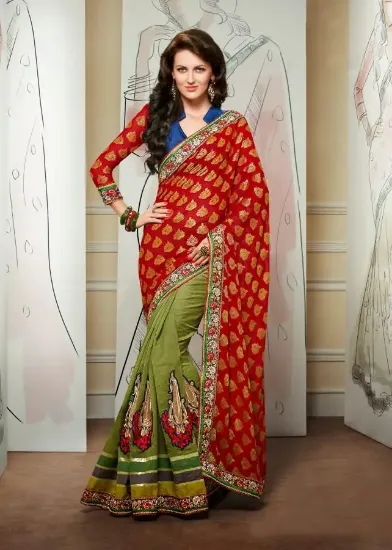 Picture of indian bollywood tissue saree with zari work and contr,