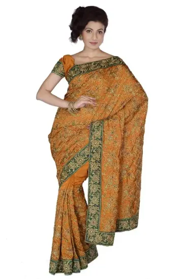 Picture of indian crepe silk green leafs printed handmade saree cr