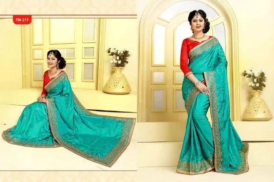 Picture of indian designer blue embroidered bollywood style sari ,