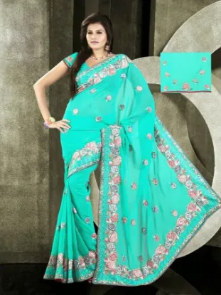 Picture of indian designer blue embroidered bollywood style sari a