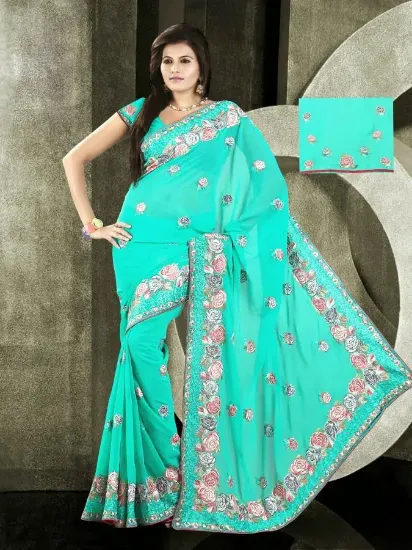 Picture of indian designer blue embroidered bollywood style sari a