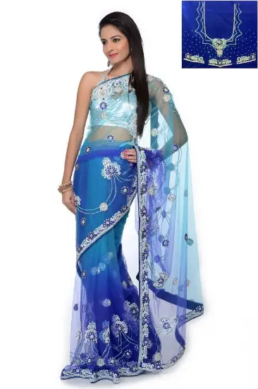 Picture of indian designer blue zari border bollywood style sari ,