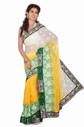 Picture of indian designer cream orange zari work bollywood sari r