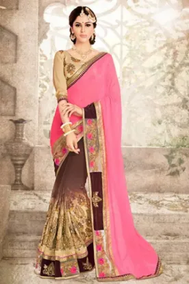 Picture of indian designer peach embroidered bollywood style sari,