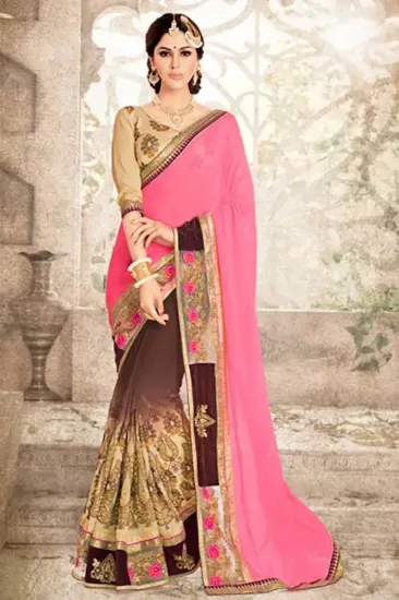 Picture of indian designer peach embroidered bollywood style sari,